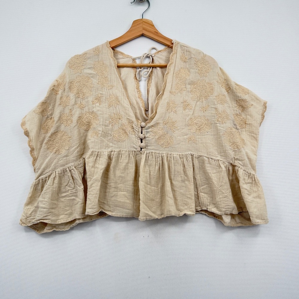 American Eagle Top Womens Large Beige Floral Gauze Oversized Boho Cottagecore